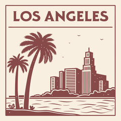 Stylized Brown Los Angeles Skyline Illustration Featuring Palm Trees and Ocean Water