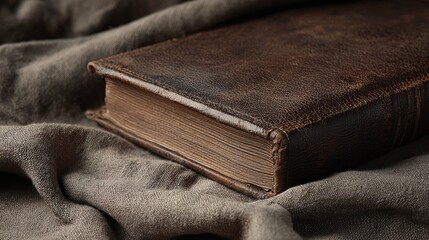 Close up shot of an old brown leather bound book resting on a textured gray fabric surface in soft light