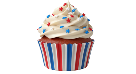 Delicious red velvet cupcake with creamy vanilla frosting and festive red, white, and blue star sprinkles in a striped liner. Perfect for patriotic celebrations, Fourth of July, Memorial Day, or