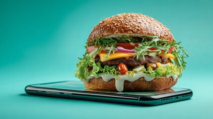 A burger with lettuce tomato and cheese on top of a smartphone against a teal colored background