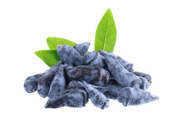 Honeysuckle berry isolated on white background. Fresh honeysuckle blue berry fruits with green leaves. Clipping path.
