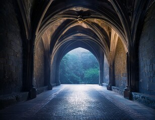 Obraz premium dark stone archway interior ancient architecture background