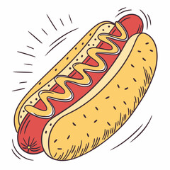 Hot dog vector illustration: delicious fast food snack with mustard and bun