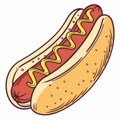 Hot dog vector illustration: a cartoon hotdog with mustard on a bun, isolated for a fast food snack icon
