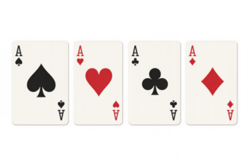 Four aces of hearts, diamonds, clubs and spades on transparent background representing gambling, success and luck