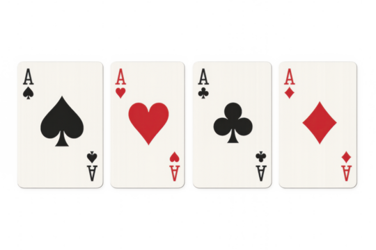 Four aces of hearts, diamonds, clubs and spades on transparent background representing gambling, success and luck - Powered by Adobe