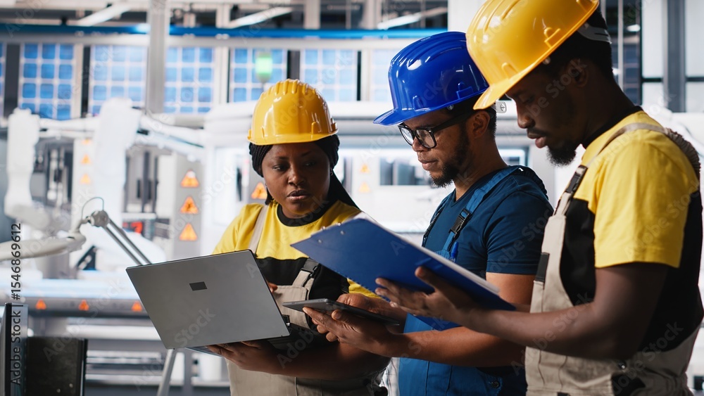 Poster technicians group in photovoltaics factory use tracking software on devices, troubleshooting for sea