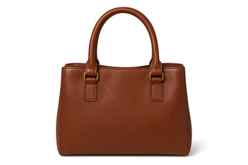 Elegant brown leather handbag featuring gold hardware, positioned against transparent backdrop, highlighting luxury accessory details