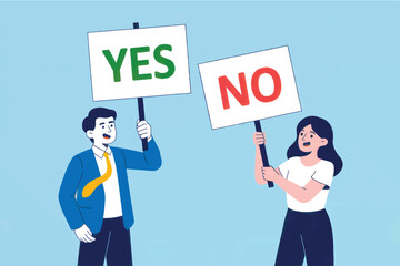 Flat vector illustration of man and woman holding yes and no signs isolated on transparent background