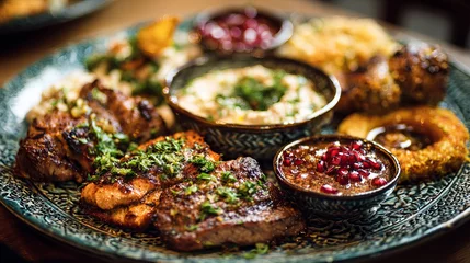 Close up of a plate with grilled meat, dips, and garnishes arranged for a gourmet presentation