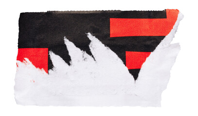 Piece of torn paper with fragment of red pattern on black background, isolated element for collage