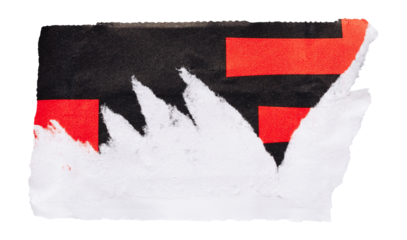 Piece of torn paper with fragment of red pattern on black background, isolated element for collage