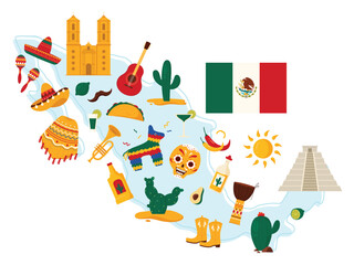 Travel to Mexico, culture elements and history landmarks, food on infographic country map. Mexican flag and traditional music party objects, Aztec pyramid and tequila cartoon vector illustration
