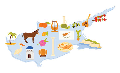 Fototapeta premium Travel to Cyprus set, culture and landmark, food stickers on infographic map. Cape Greco, column and old monastery building, guitar and lute, orange and lemon harvest cartoon vector illustration
