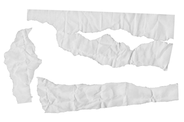 Set of torn white paper pieces isolated on black background. Wrinkled ripped paper sheets collection, grunge texture for collage, scrapbooking, or digital design. Perfect for graphic overlays, mockups