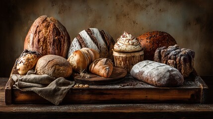 An assortment of freshly baked breads and pastries displayed on a rustic wooden surface in warm lighting