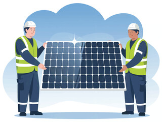 Two technicians holding a solar panel flat vector illustration isolated on transparent background