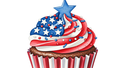 Festive watercolor illustration of a patriotic cupcake. Features vibrant frosting with American flag colors, stars, and red, white, and blue sprinkles, topped with a blue star. Ideal for 4th of July