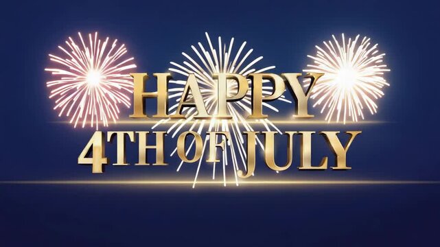 Golden 'Happy 4th of July' Shines Brightly Amidst Sparkling White Fireworks Against a Deep Blue Backdrop, Evoking Festive Independence Day Celebration