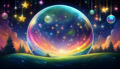 fantasy bubble with stars moons and rainbow trails twinkling stars illuminate the night sky over a serene landscape magical background with sparkles stars and moons