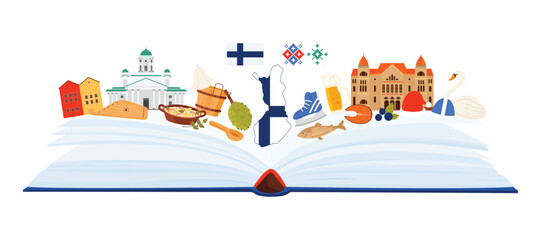 Finnish culture elements and famous architecture of Helsinki, language for Finland study. Open paper guide book and collage of monuments and landmarks, food for tourists cartoon vector illustration