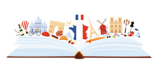 France culture elements and landmarks of Paris, French language study in infographic collage. Open big book and baguette, macaron, flag and map, bicycle of Frenchman cartoon vector illustration © Flash Vector