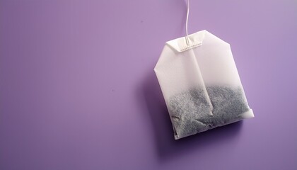 tea bag hanging loosely on a pastel purple background clean and modern design