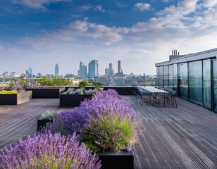 modern rooftop garden in london with city view lavender flowers and contemporary design