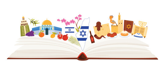 Israel culture elements and Judaism symbols, landmarks and food of Jewish holidays, language study in infographic collage with open guide book and map with flag, Torah cartoon vector illustration
