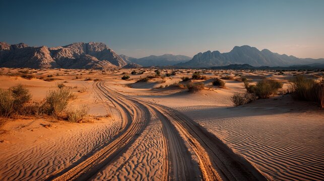 Tire tracks winding through the desert landscape with mountains in the background under blue skies
