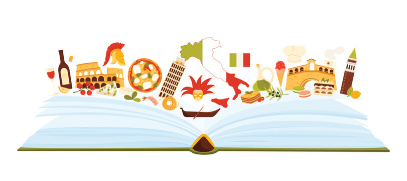 Culture elements of Italy, famous Italian chefs food and wine, landmarks, language study in infographic collage. Open paper guide book with Venice carnival mask, pizza cartoon vector illustration