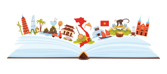 Vietnam culture elements and landmarks, food and Vietnamese language study in infographic collage. Open paper guide book and palace, map and flag, temple and dragon cartoon vector illustration