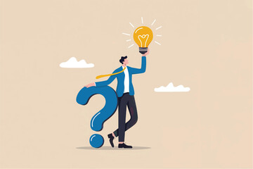 Businessman holding a light bulb and leaning on a question mark flat vector illustration isolated on transparent background