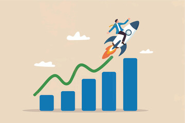 Businessman riding rocket on growth chart flat vector illustration isolated on transparent background