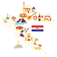 Travel to Croatia set, culture elements and landmarks, food in infographic map with Croatian flag. Waterfall scenery and yacht in sea waves, cute iris flower and wine cartoon vector illustration