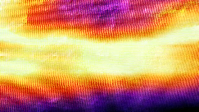 Looping abstract animation of shifting gradient bands in yellow, orange, purple, dark blue over a grid like pixel texture. Undulating movement and color inversions create hypnotic digital art effect