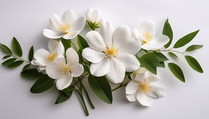 Fototapeta premium delicate white flowers in full bloom arranged in a natural bouquet on a minimalist white background and soft and elegant floral composition