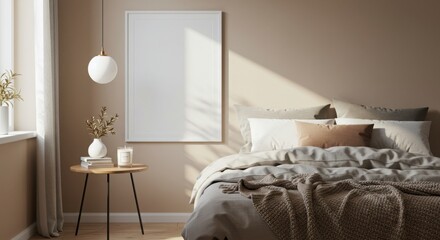Minimalist Serenity: Bedroom mockup with a blank canvas basks in sunlight and modern design.
