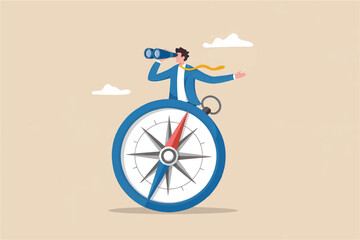 Businessman on compass with binoculars isolated on transparent background