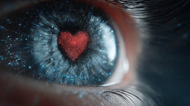 Close up of an eye with a red heart in the iris surrounded by digital binary code and data streams