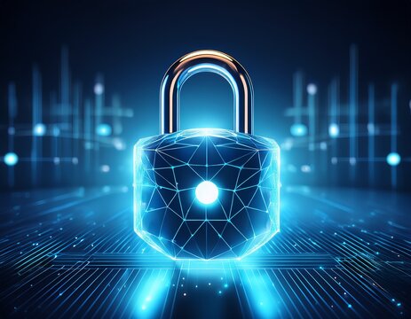 a glowing polygonal padlock on a blue background symbolizing digital security and data protection - Powered by Adobe