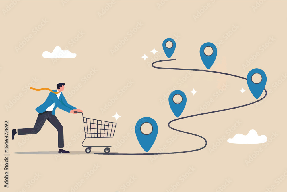 Poster man pushing shopping cart following route with location pins flat vector illustration isolated on tr