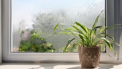 selective focus on condensation on pvc window and white plastic window with a houseplant in the background concept of indoor plants and humidity