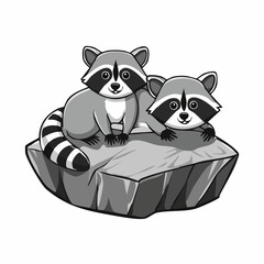 Two Playful Raccoons relaxing on a rock Image Vector Isolated on white background.