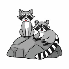 Two Playful Raccoons relaxing on a rock Image Vector Isolated on white background.