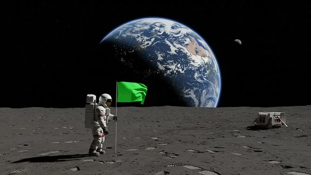 Astronaut on the moon with a flag and the earth in the background.