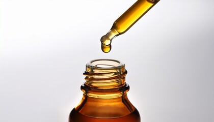 amber liquid dripping from pipette into a small bottle close up view on white background