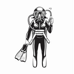 Diver With Full Equipment vector. Scuba Diving Vector Illustration on white background.