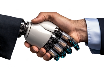 A human hand shakes a robotic hand signifying technological advancement and future collaboration in business, transparent background