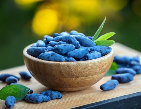 honeysuckle raw berries in bowl blue honeysuckle lonicera caerulea edulis honeyberry blue berry honeysuckle sweetberry haskap berry ripe organic honeyberry harvest from berry farm in finland